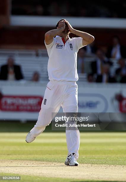 James Anderson of England looks despondent during day two of the 1st npower Test between England and Bangladesh played at Lords on May 28, 2010 in...