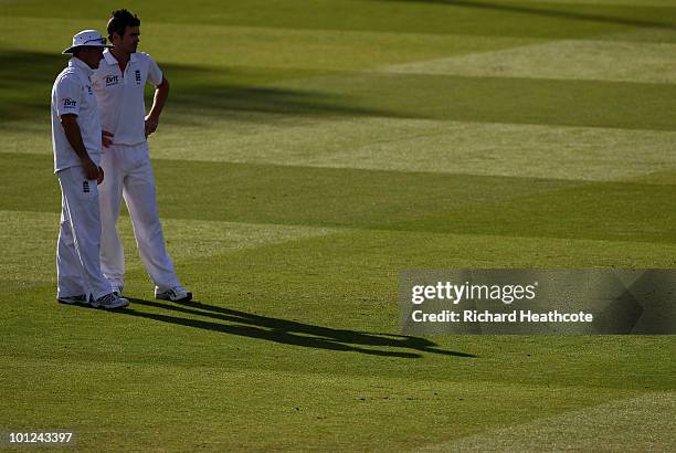 England Captain Andrew Strauss talks with James Anderson during day two of the 1st npower Test between England and Bangladesh at Lords on May 28,...