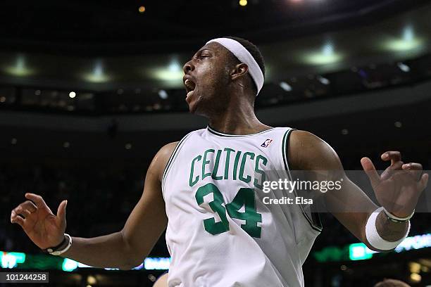 Paul Pierce of the Boston Celtics reacts after he dunked in the first quarter against the Orlando Magic in Game Six of the Eastern Conference Finals...