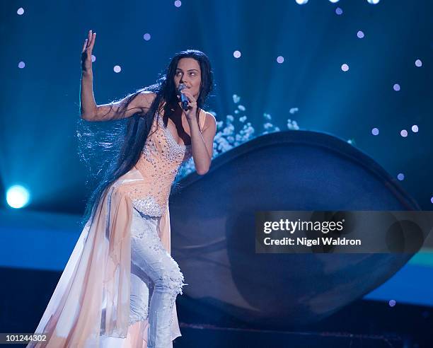 Eva Rivas of Armenia performs during the final dress rehearsal of the Eurovision Song Contest on May 28, 2010 in Oslo, Norway.