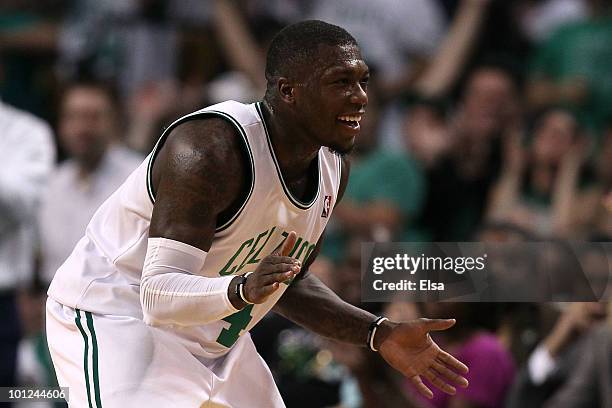 Nate Robinson of the Boston Celtics celebrates after he scored a basket in the second quarter against the Orlando Magic in Game Six of the Eastern...