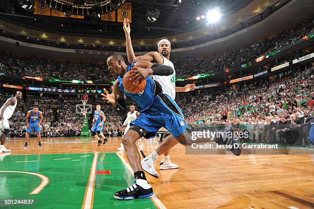 Dwight Howard of the Orlando Magic drives against Rasheed Wallace of the Boston Celtics in Game Six of the Eastern Conference Finals during the 2010...