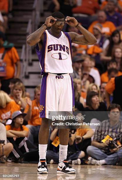 Amar'e Stoudemire of the Phoenix Suns in action during Game Three of the Western Conference finals of the 2010 NBA Playoffs against the Los Angeles...