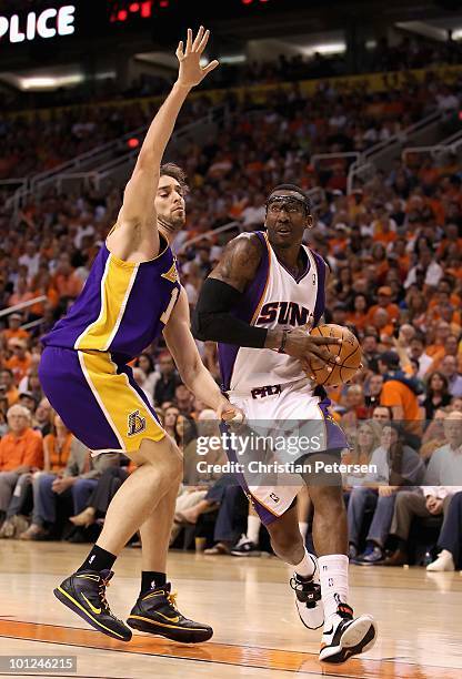 Amar'e Stoudemire of the Phoenix Suns drives the ball during Game Four of the Western Conference finals of the 2010 NBA Playoffs against the Los...