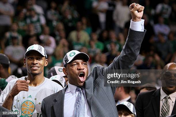 Head coach Doc Rivers and Ray Allen of the Boston Celtics celebrate after the Celtics won 96-84 against the Orlando Magic in Game Six of the Eastern...