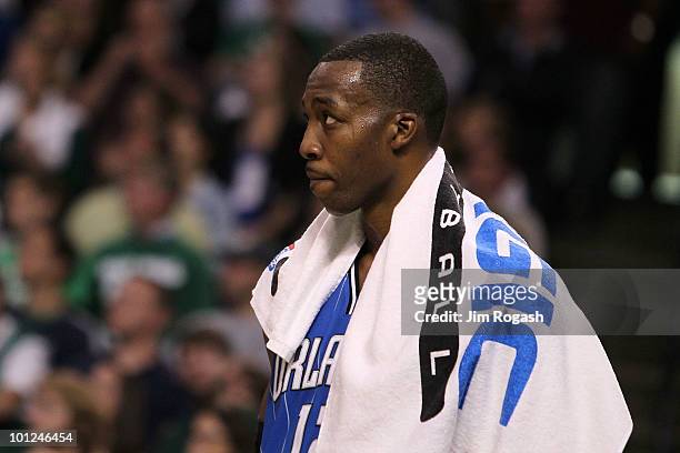 Dwight Howard of the Orlando Magic looks on dejected after the Magic lost 96-84 against the Boston Celtics in Game Six of the Eastern Conference...