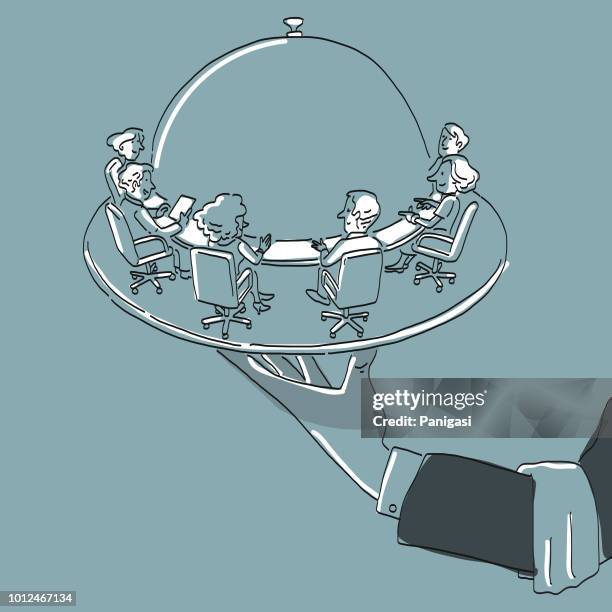 people meeting around a dome plate with lid while waiters arm holds the tray - round table discussion stock illustrations