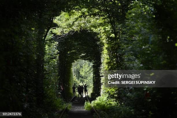 People walk along former railway tracks surrounded by arches of intertwined trees in the so-called 'Tunnel of Love', near the Ukrainian village of...
