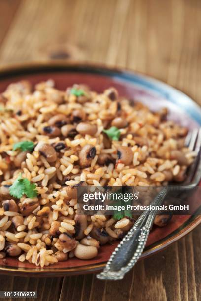 rice and black eyed peas with cumin and mustard seeds topped with fresh cilantro - black eyed peas food stock pictures, royalty-free photos & images