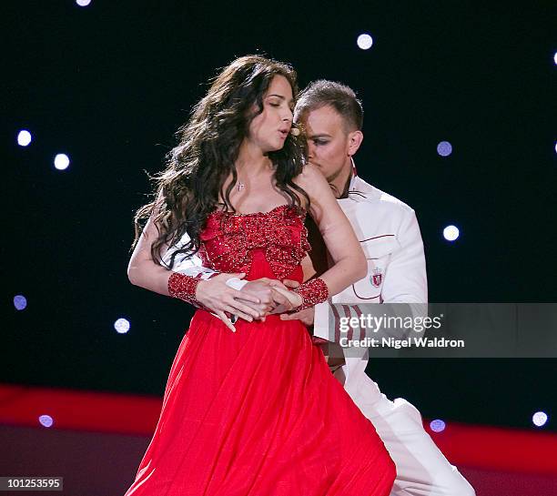 Sofia Nizharadze of Georgia performs during the final dress rehearsal for the Eurovision Song Contest on May 28, 2010 in Oslo, Norway. On May 28,...