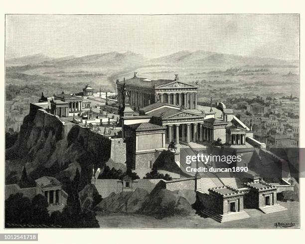 ilustraciones, imágenes clip art, dibujos animados e iconos de stock de reconstrucción de la acrópolis de atenas en la antigüedad - parthenon athens