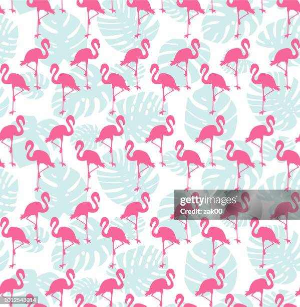 bildbanksillustrationer, clip art samt tecknat material och ikoner med tropiska sömlösa mönster med flamingos och mintgrön palmblad - flamingo