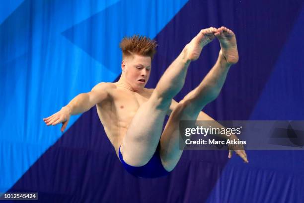 Justin Dylan Vork of Netherlands competes in the men's 1m springboard preliminary during the diving on Day 6 of the European Championships Glasgow...