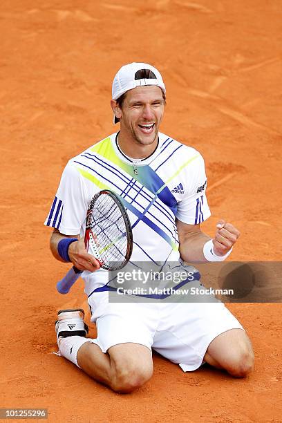 Jurgen Melzer of Austria celebrates match point during the men's singles third round match between David Ferrer of Spain and Jurgen Melzer of Austria...