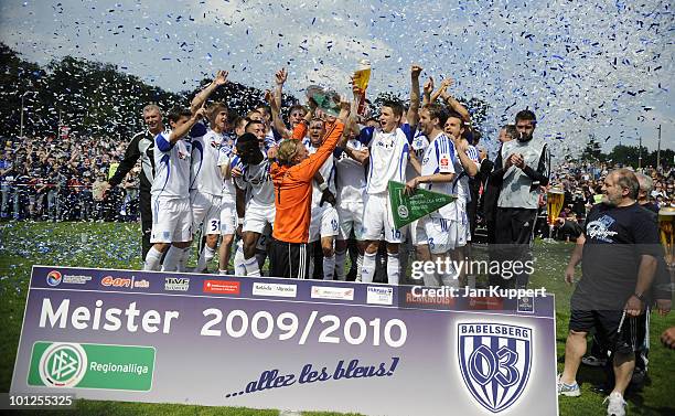 The team of Babelsberg celebrates after the Regionalliga match between SV Babelsberg and FC St. Pauli at the Kurt-Liebknecht-Stadium on May 29, 2010...