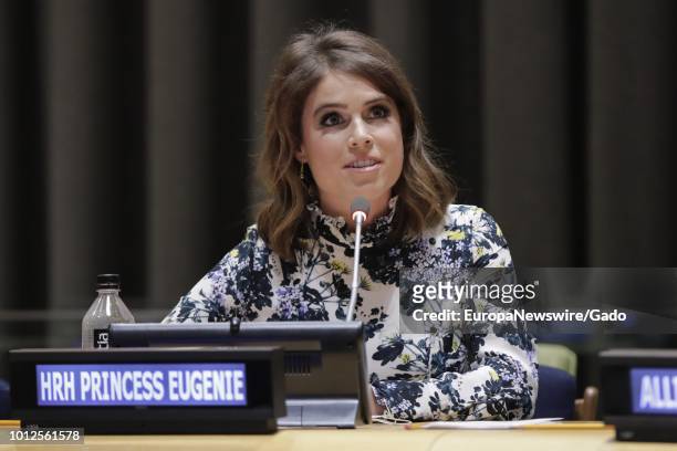 Princess Eugenie of York speaking about her work as Director of the Anti-Slavery Collective during the NEXUS Meeting at the UN Headquarters in New...