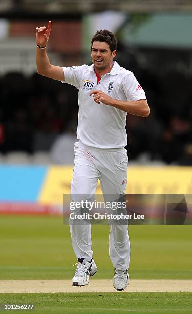 James Anderson of England celebrates taking the wicket of Jahurul Islam of Bangladesh during day 3 of the 1st npower Test match between England and...