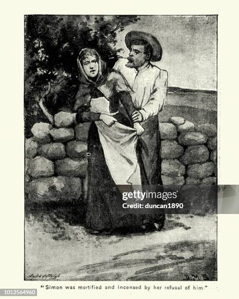victorian woman refusing a young man, 1890s - sexual harassment stock illustrations