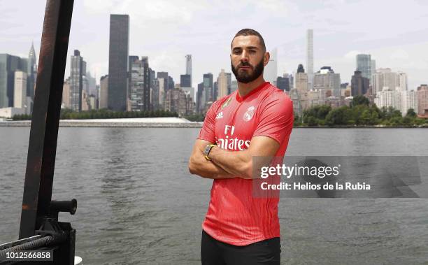 Karim Benzema of Real Madrid poses during the new third kit launch on August 6, 2018 in New York, NY.