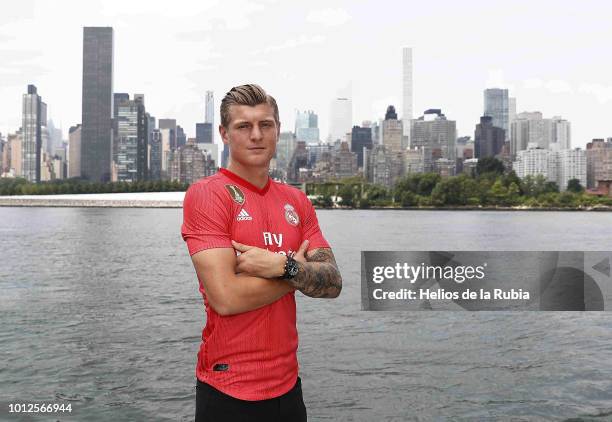 Toni Kroos of Real Madrid poses during the new third kit launch on August 6, 2018 in New York, NY.