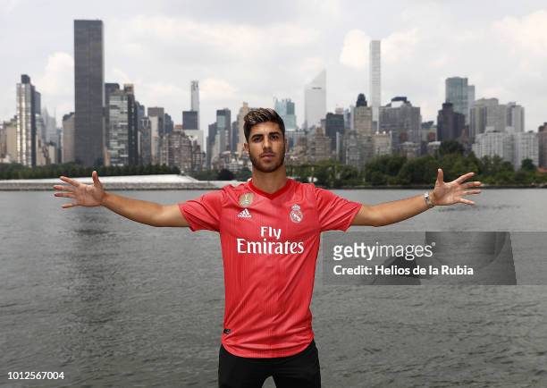 Marco Asensio of Real Madrid poses during the new third kit launch on August 6, 2018 in New York, NY.