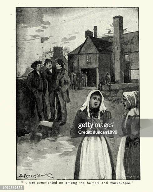 victorian farmer workers gathering in the yard, 1890s, 19th century - english farmhouse stock illustrations