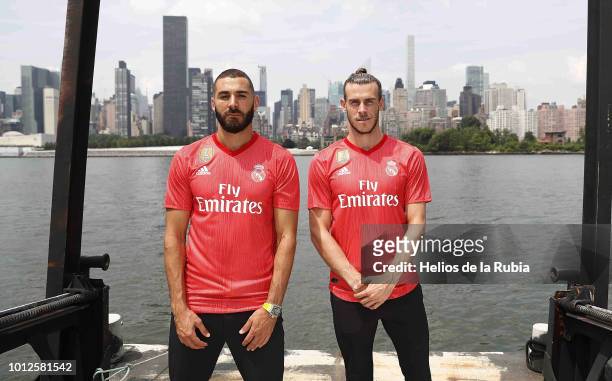Karim Benzema and Gareth Bale of Real Madrid pose during the new third kit launch on August 6, 2018 in New York, NY.