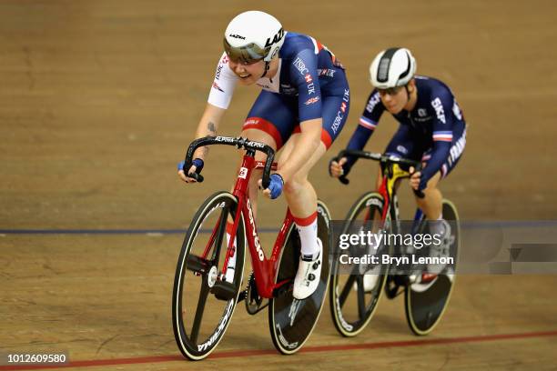 Katie Archibald of Great Britain competes in the Women's Madison during the track cycling on Day Six of the European Championships Glasgow 2018 at...