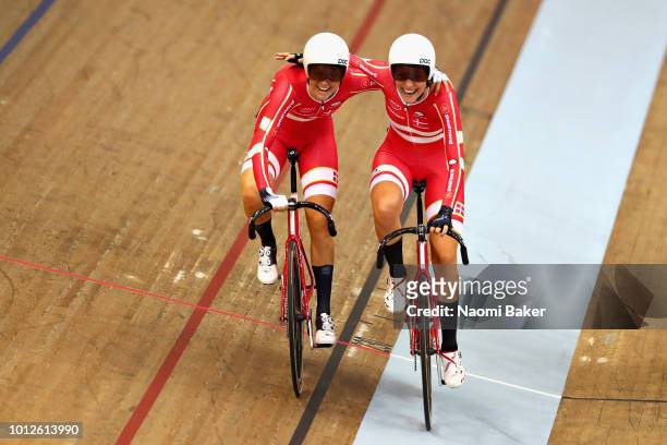 Amalie Dideriksen and Julie Leth of Denmark celebrate winning gold in the Women's Madison during the track cycling on Day Six of the European...
