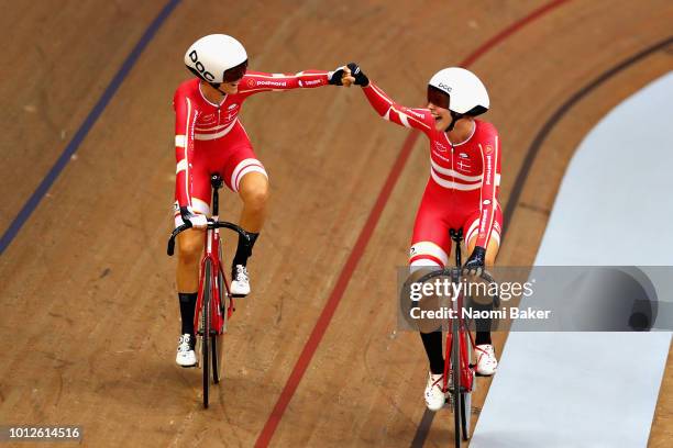 Amalie Dideriksen and Julie Leth of Denmark celebrate winning gold in the Women's Madison during the track cycling on Day Six of the European...