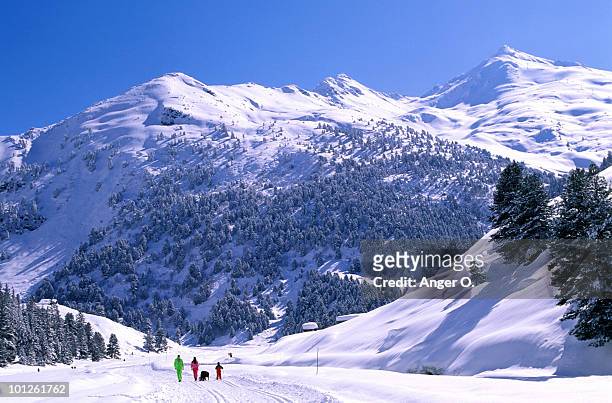 family walking in ski resort - meribel fotografías e imágenes de stock