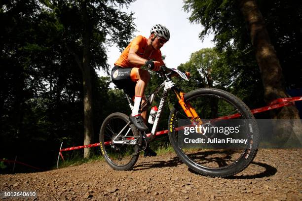 Mathieu Van Der Poel of the Netherlands rides during the Men's Mountain Bike Cross-Country on Day Six of the European Championships Glasgow 2018 at...