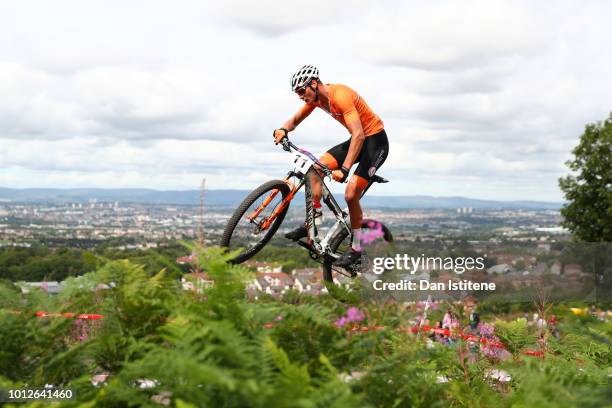 Mathieu Van Der Poel of the Netherlands rides during the Men's Mountain Bike Cross-Country on Day Six of the European Championships Glasgow 2018 at...