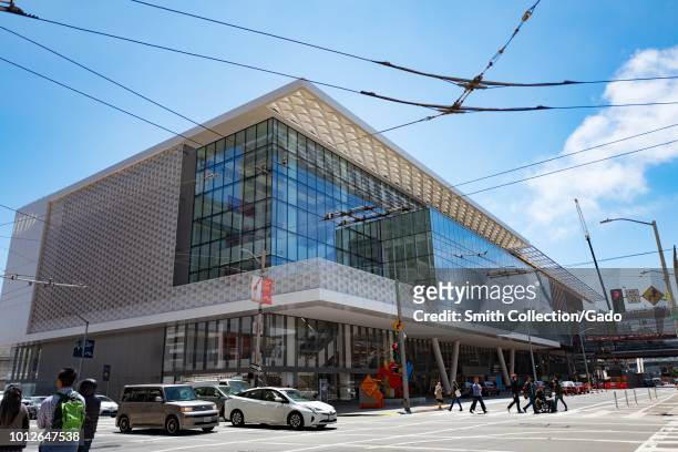 Facade of the Moscone Center convention center in downtown San Francisco, California during its 2018 renovation, August 2, 2018.