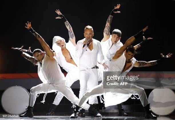 Giorgos Alkaios & Friends from Greece performs the song "OPA" during the Eurovision Song Contest 2010 final at the Telenor Arena in Baerum, near...