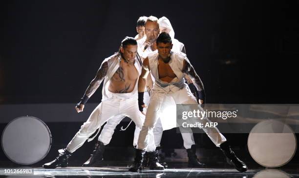 Giorgos Alkaios & Friends from Greece performs the song "OPA" during the Eurovision Song Contest 2010 final at the Telenor Arena in Baerum, near...