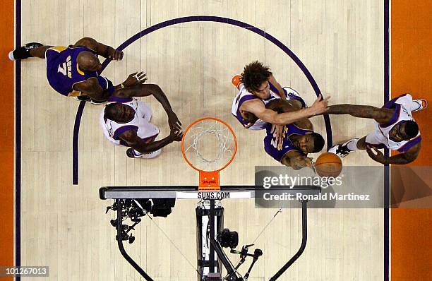 Guard Ron Artest of the Los Angeles Lakers takes a shot against Robin Lopez of the Phoenix Suns in Game Three of the Western Conference Finals during...