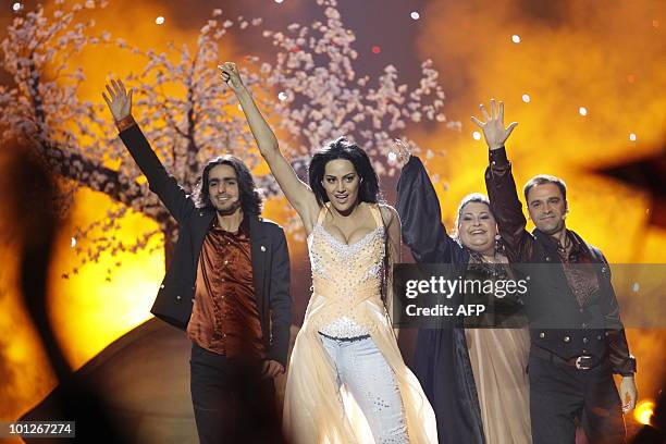Armenia's Eva Rivas perform the song "Apricot Stone" during the Eurovision Song Contest 2010 final at the Telenor Arena in Baerum, near Oslo, Norway,...