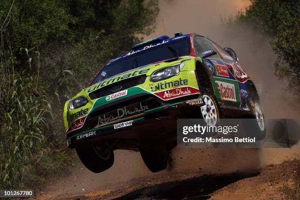 Mikko Hirvonen of Finland and Jarmo Lehtinen of Finland compete in their BP Abu Dhabi Ford Focus during Leg 2 of the WRC Rally Portugal on May 29,...