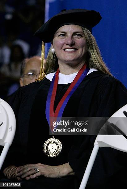 Bonnie Comley receives a distinguished alumni award from the University of Massachusetts Lowell during the commencement ceremonies at the University...