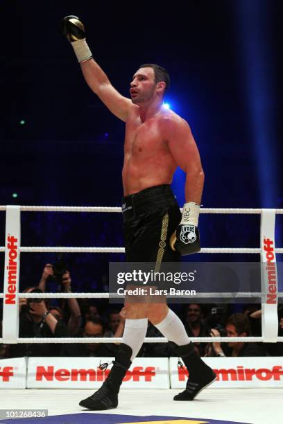 Vitali Klitschko of Ukraine celebrates after winning the WBC Heavyweight World Championship fight against Albert Sosnowski of Poland at the Veltins...