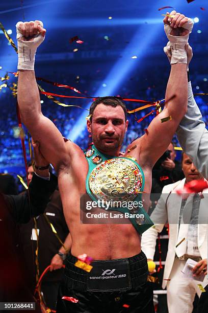 Vitali Klitschko of Ukraine celebrates after winning the WBC Heavyweight World Championship fight against Albert Sosnowski of Poland at the Veltins...