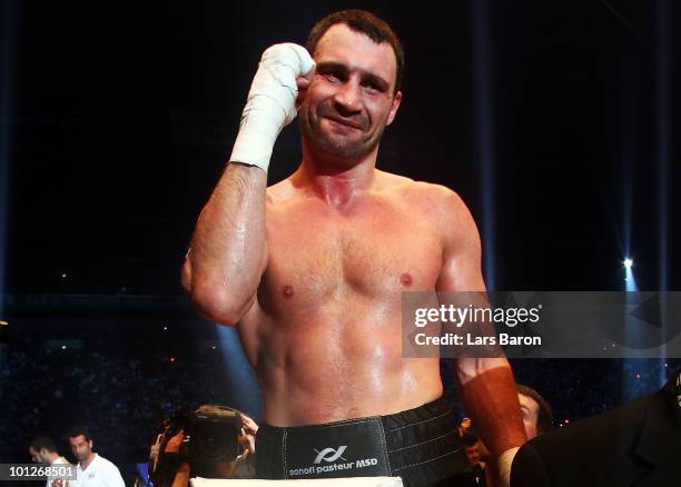 Vitali Klitschko of Ukraine celebrates after winning the WBC Heavyweight World Championship fight against Albert Sosnowski of Poland at the Veltins...