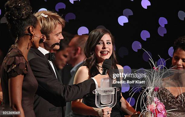 Winner of The Eurovision Song Contest 2010 Lena Meyer Landrut on stage with the trophy of the Eurovision Song Contest on May 29, 2010 in Oslo, Norway.