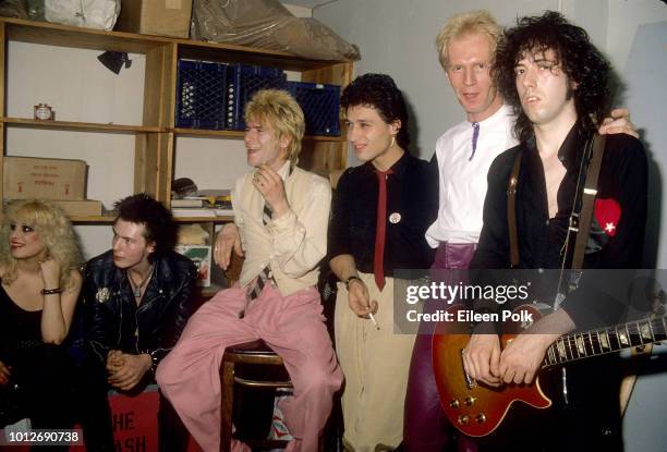 View of, from left, Amercan Nancy Spungen , musician Sid Vicious , of the group Sex Pistols, musicians Jerry Nolan, Steve Dior, and Arthur Kane , all...