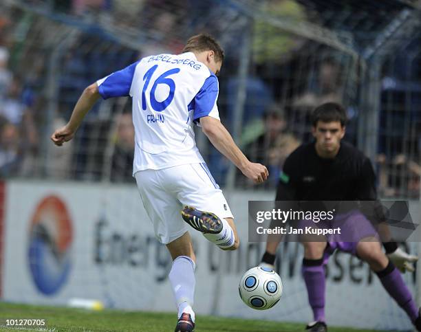 Daniel Frahn of Babelsberg scores the first goal during the Regionalliga match between SV Babelsberg and FC St. Pauli II at the...