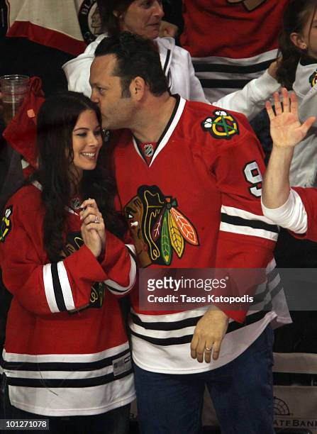Kyla Weber and Vince Vaughn attend Game One of the 2010 NHL Stanley Cup Finals between the Philadelphia Flyers and Chicago Blackhawks at United...