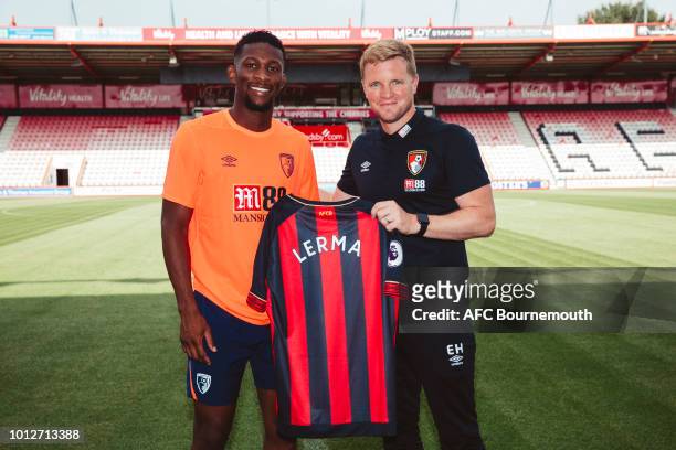 Bournemouth new signing Jefferson Lerma poses with manager Eddie Howe at the Vitality Stadium on August 7, 2018 in Bournemouth, England.