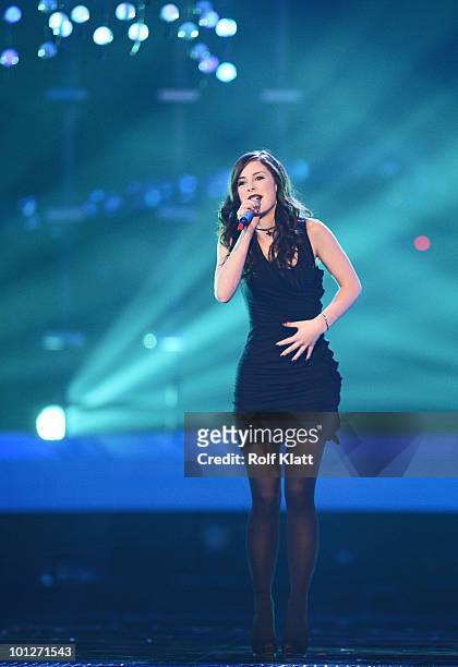 Lena Meyer Landrut of Germnay performs her song 'Sattelite' during the third dress rehearsal of the Grand Final of the Eurovision Song Contest 2010...