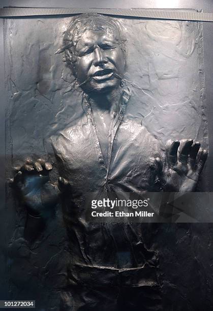 The Star Wars prop of actor Harrison Ford's Han Solo character frozen in carbonite is displayed at the museum exhibit of "Star Wars: In Concert" at...